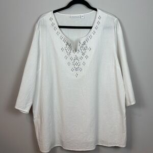 Susan Graver 100% Cotton White Lightweight Beaded Roll Tab 3/4 Sleeve‎ Blouse 1X